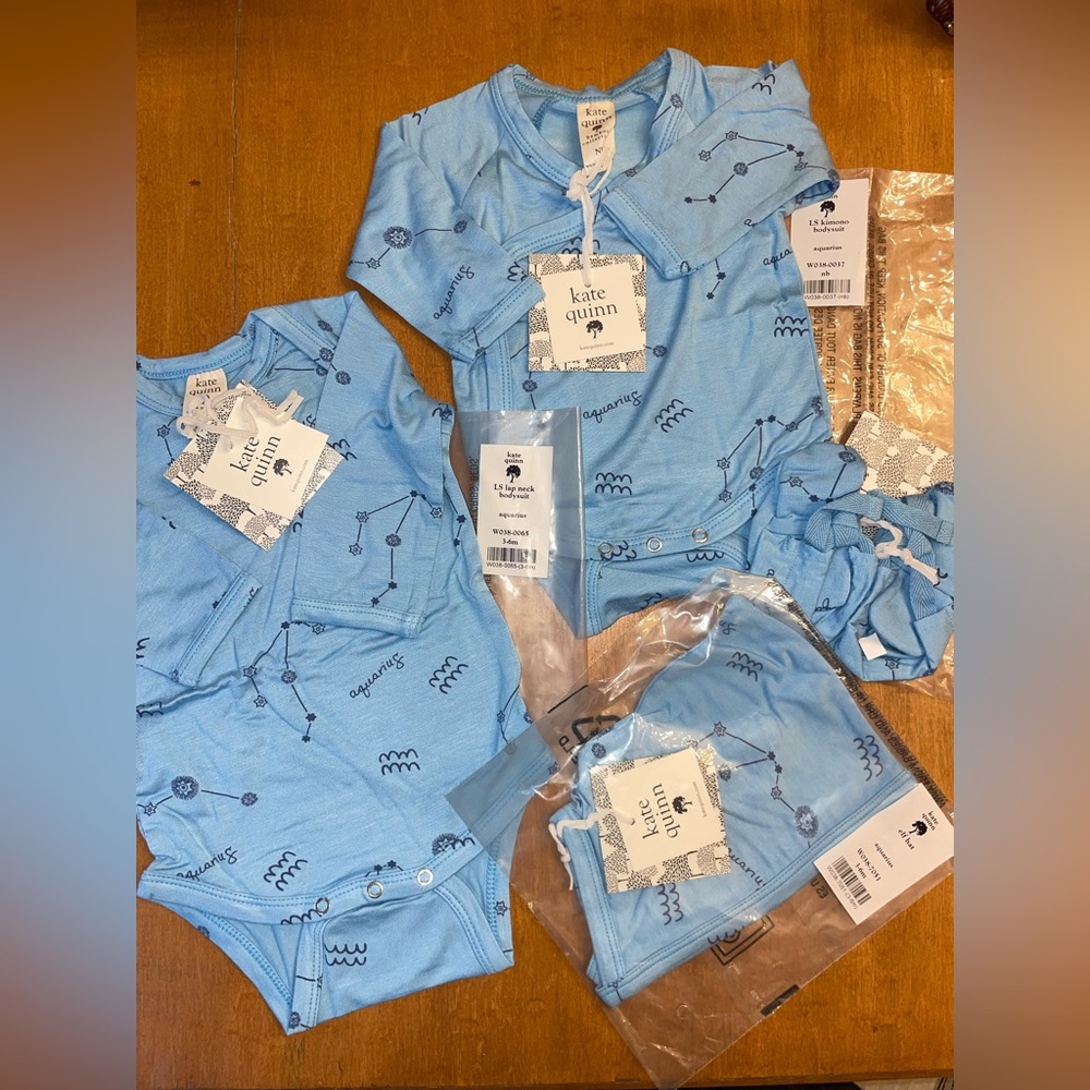4 piece bamboo zodiac Aquarius outfit set bodysuits elf hat booties Kate quinn